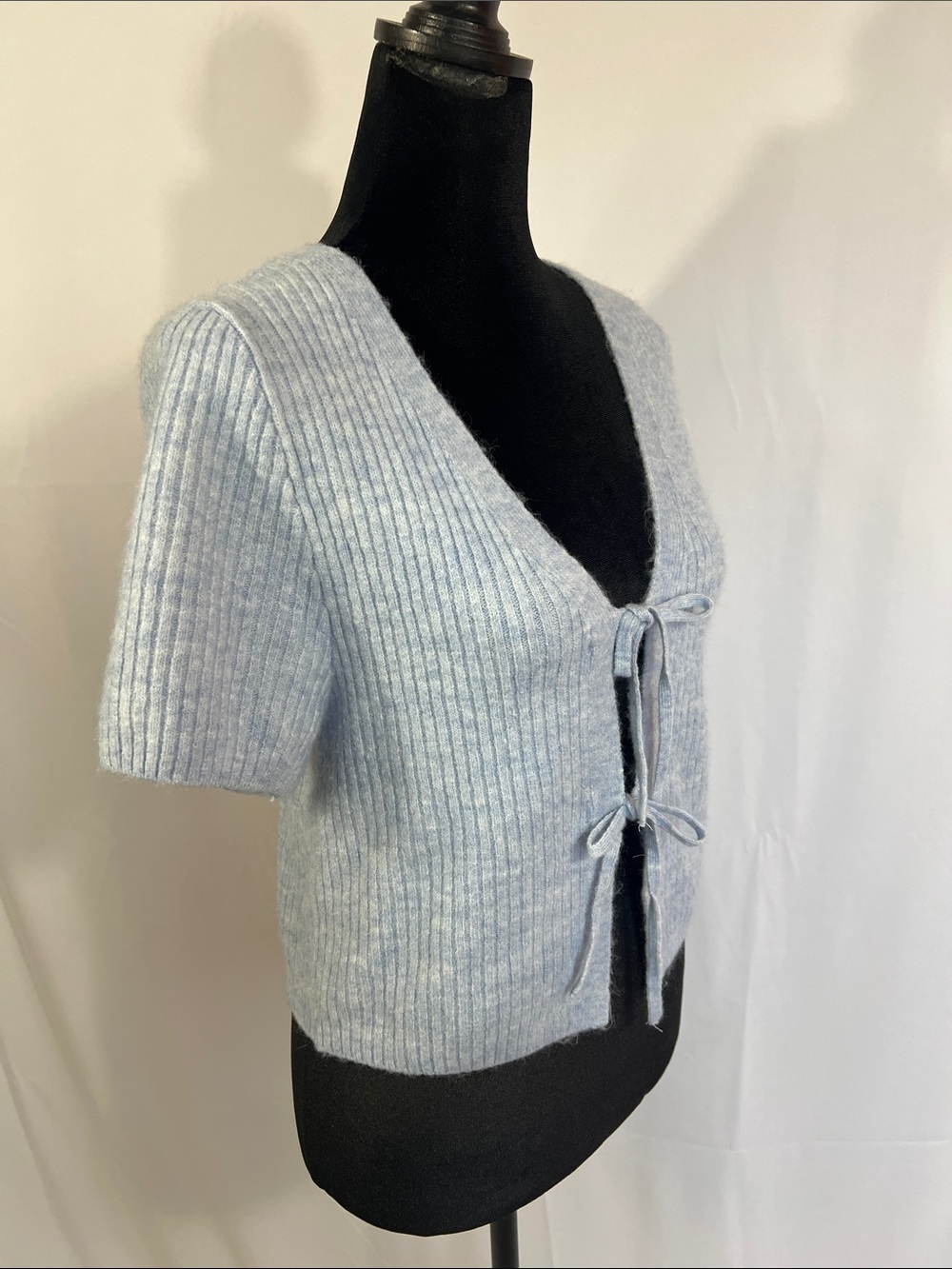 H&M Light Blue Ribbed V-Neck Tie-Front Sweater